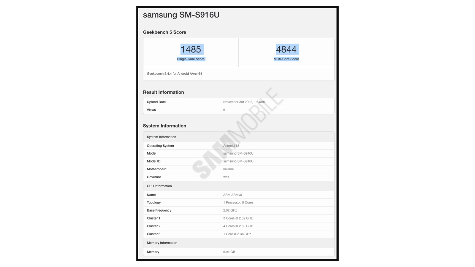 A screenshot of a supposed benchmark result for the Samsung Galaxy S23 Plus