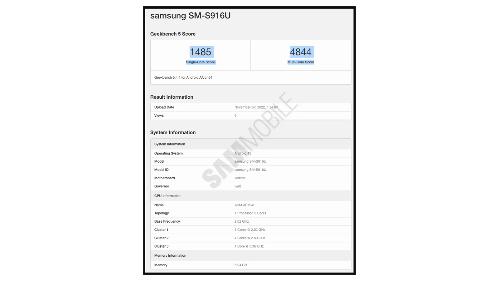 Ein Screenshot eines angeblichen Benchmark-Ergebnisses für das Samsung Galaxy S23 Plus