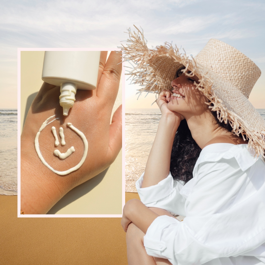 a woman with a straw hat and white shirt next to a hand with a smiley face made of sunscreen