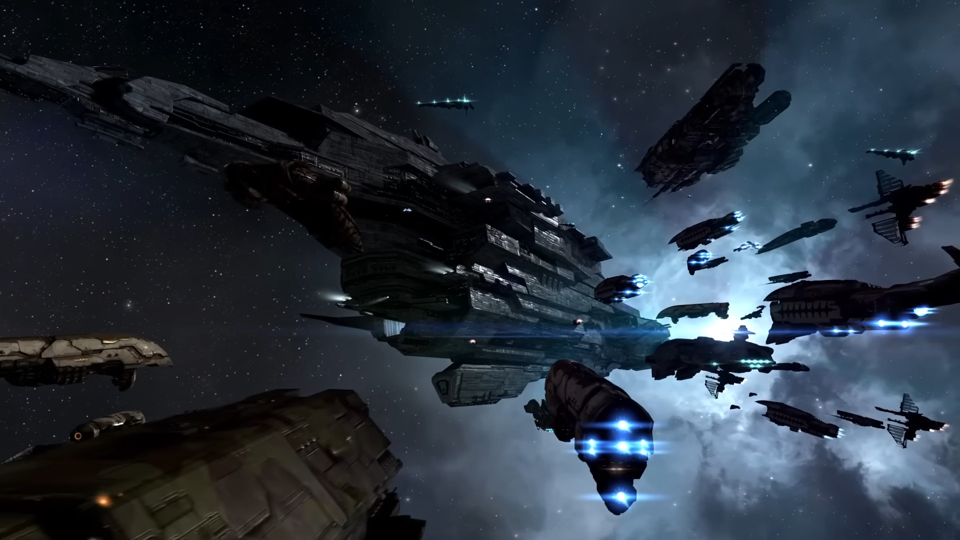 A group of space ships flying around a hub during the sci-fi MMORPG, Eve Online