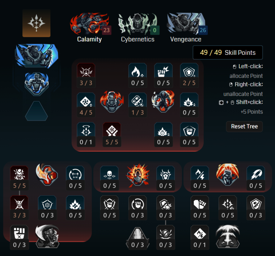 Borderlands 4 Amon builds: A screenshot of Amon's Calamity tree for the Heavy Weapons Warrior build from Maxroll's builder.