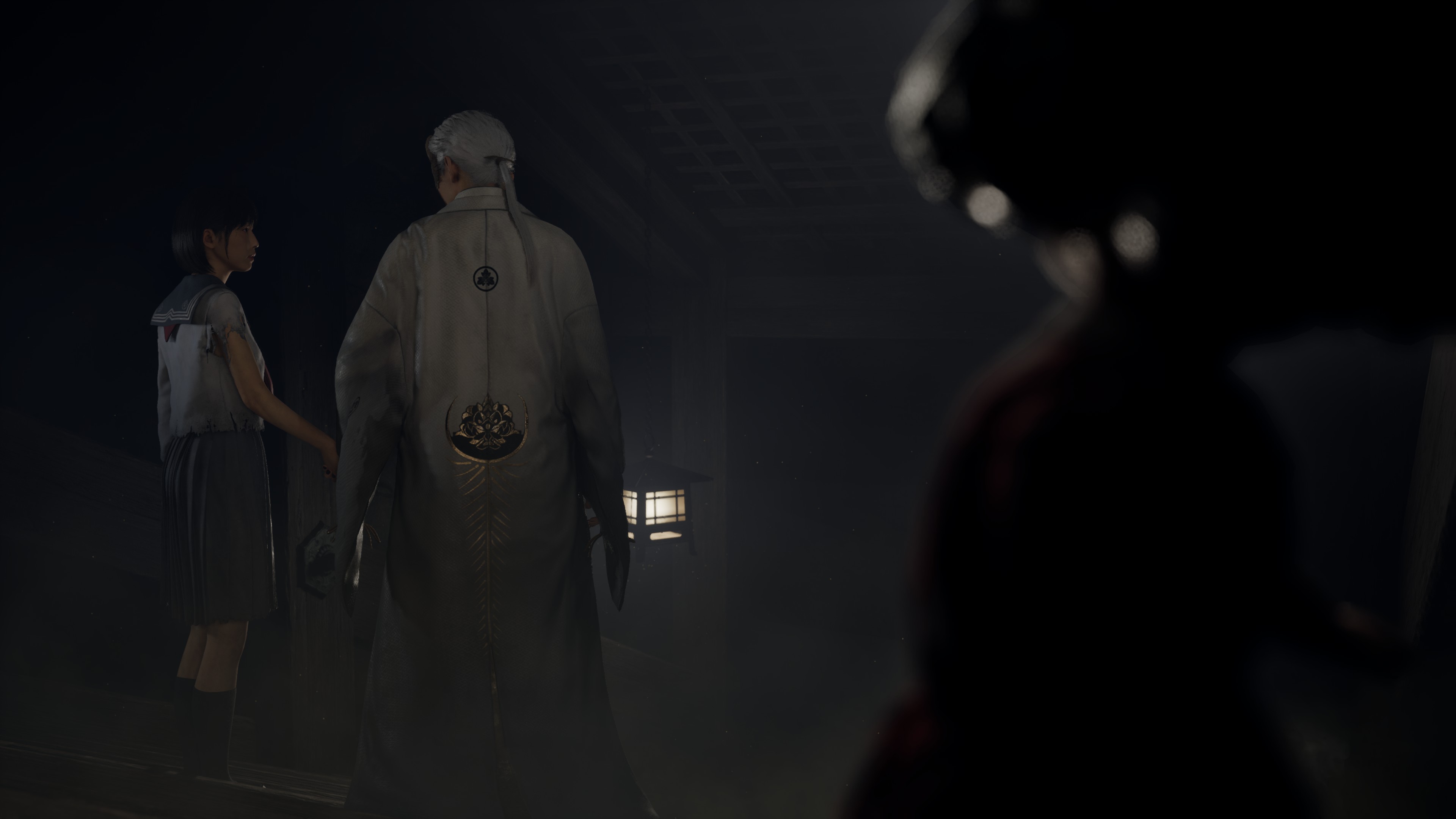 A screenshot shows the doll in Silent Hill f watching Hinako and Fox Mask