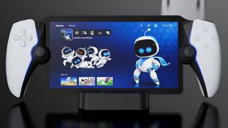 PS Portal charging stand with handheld sitting on top and Astro Bot on screen