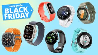 12 different smartwatches, including Garmins, Fitbits and Apple Watches, floating on a colorful background next to a Tom's Guide Black Friday Deals badge