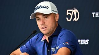Justin Thomas talks to the media before The Players Championship