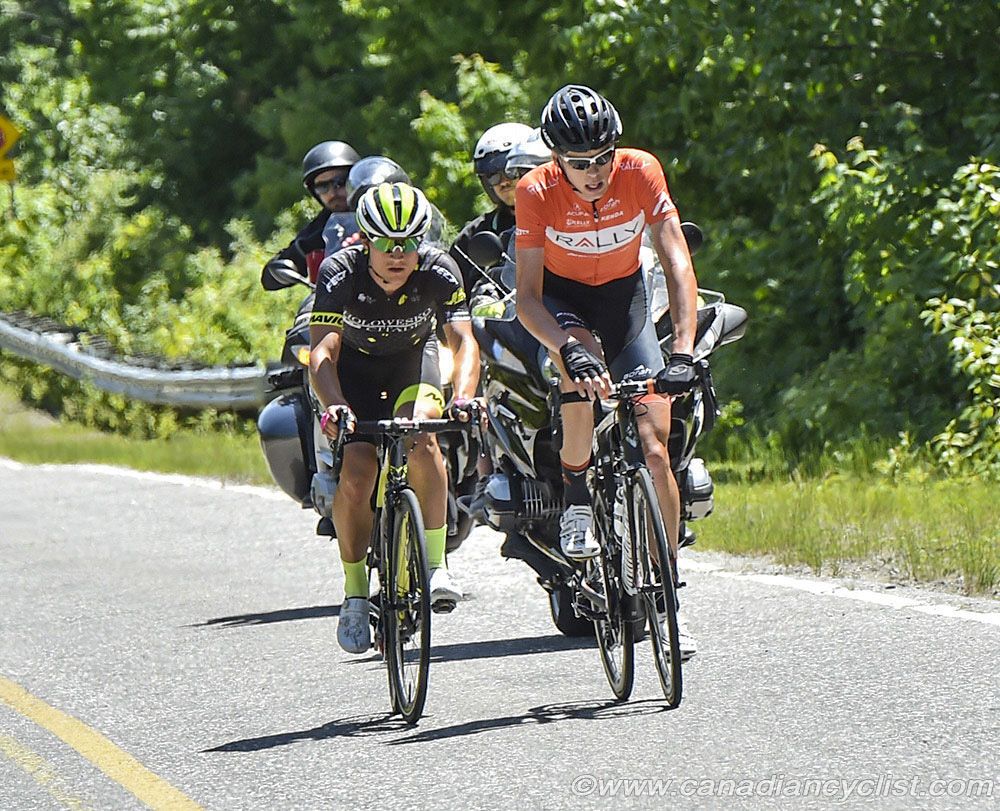 Matteo Dal-Cin (Rally Cycling) and Robin Carpenter (Holowesko / Citadel p/b Hincapie Sportswear) start the Mont Megantic climb