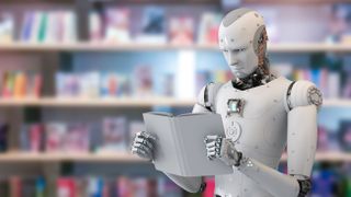 A humanoid android standing in a library, reading a book.