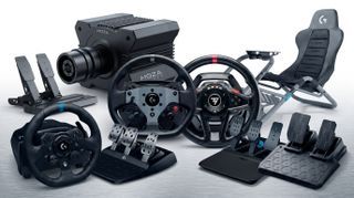 A selection of racing wheels, seats, and pedals for PC gaming