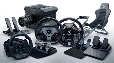 A selection of racing wheels, seats, and pedals for PC gaming