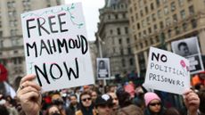 People gather outside of a New York court to protest the arrest and detention of Mahmoud Khalil 