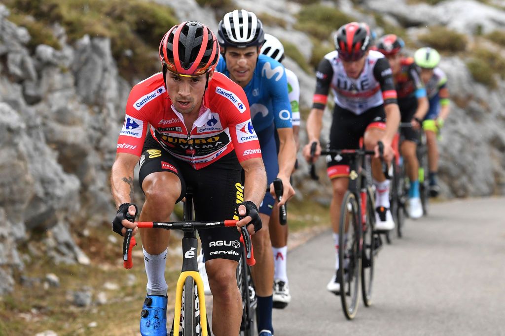 ALTU DEL GAMONITEIRU SPAIN SEPTEMBER 02 Primoz Roglic of Slovenia and Team Jumbo Visma red leader jersey competes during the 76th Tour of Spain 2021 Stage 18 a 1626km stage from Salas to Altu dEl Gamoniteiru 1770m lavuelta LaVuelta21 on September 02 2021 in Altu dEl Gamoniteiru Spain Photo by Tim de WaeleGetty Images