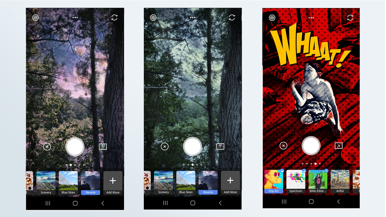 Screens of the Adobe Photoshop Camera photo editing app