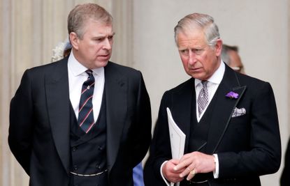 Prince Andrew, Duke of York and Prince Charles, Prince of Wales attend a Service of Thanksgiving to celebrate Queen Elizabeth II's Diamond Jubilee