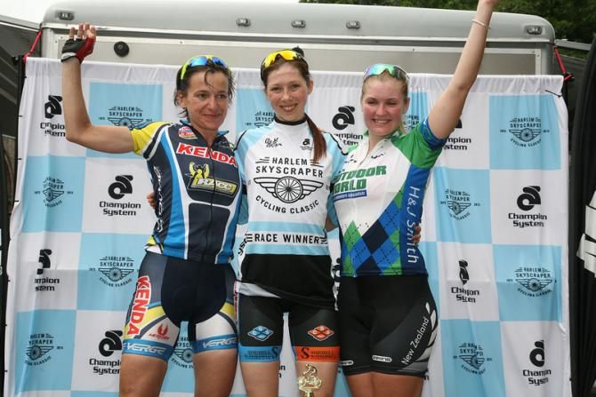 The women's podium: second place, Fabienne Gerard (Team Kenda p/b Raac), 1st place: Amy Cutler (Team EPS/CSS p/b Shebell &amp; Shebell) 3rd place: Sequoia Cooper (Team New Zealand) Congrats Ladies!