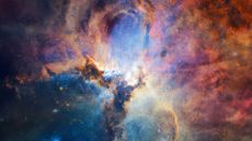 Space scene. Colorful nebula with planet and asteroids. - stock photo
