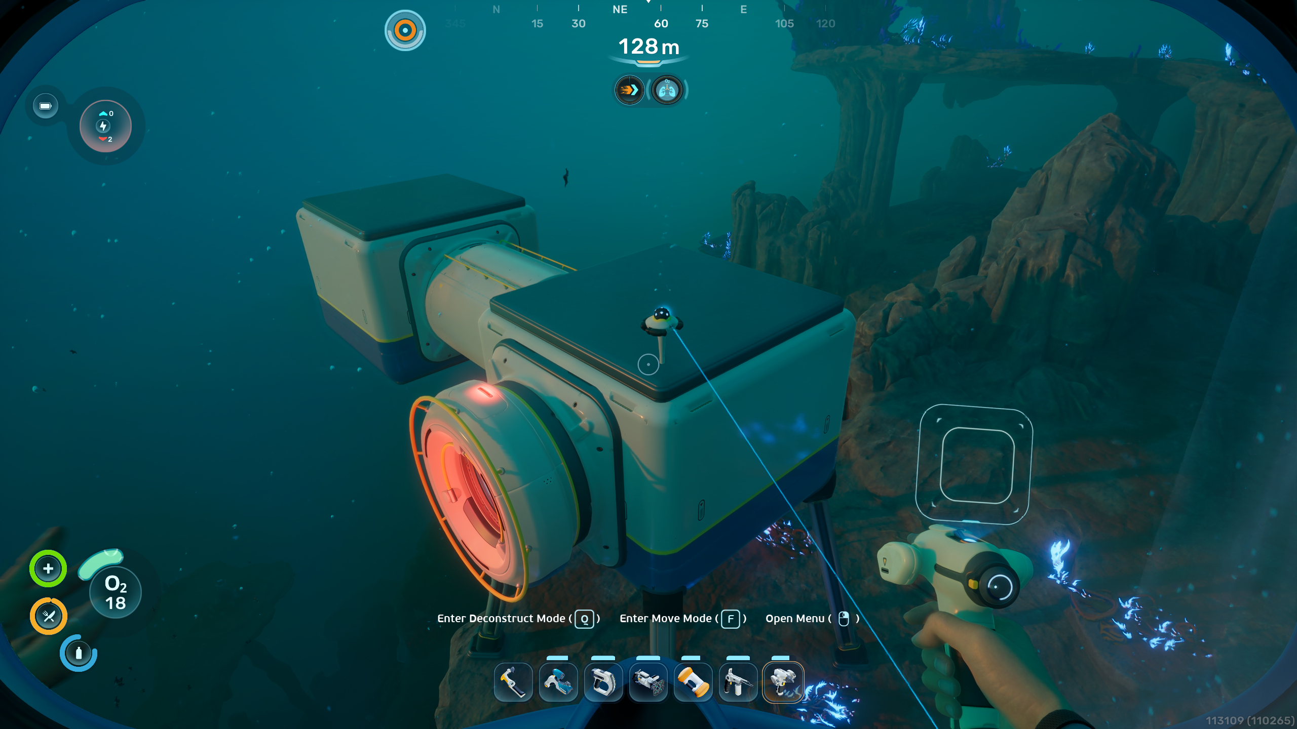 Subnautica 2 Alien Ruins: A player looking at their new base on a rocky platform by the Research Outpost.