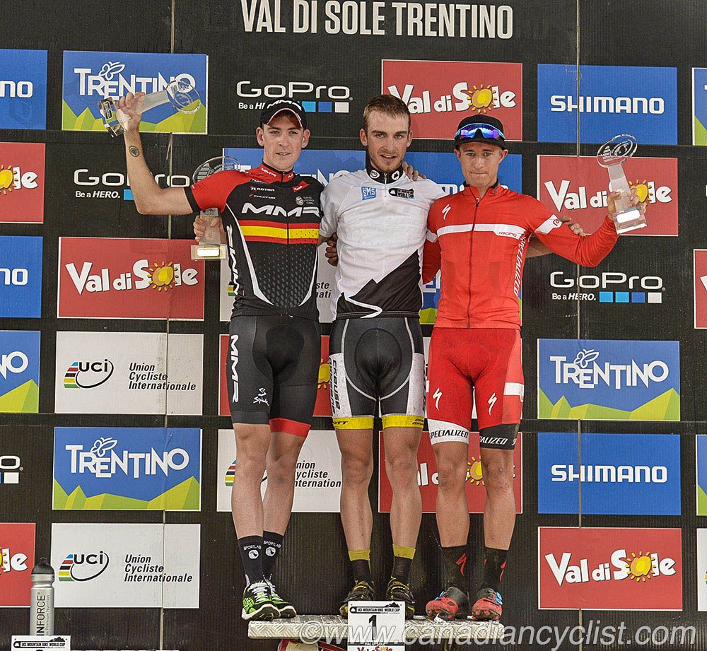 Final Overall World Cup podium: Titouan Carod, Pablo Rodriguez Guede, Howard Grotts