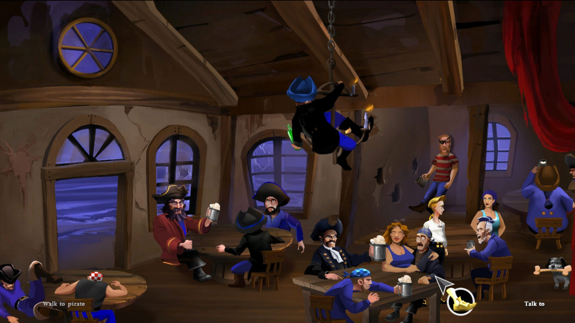 A group of pirates share a drink in The Secret of Monkey Island: Special Edition