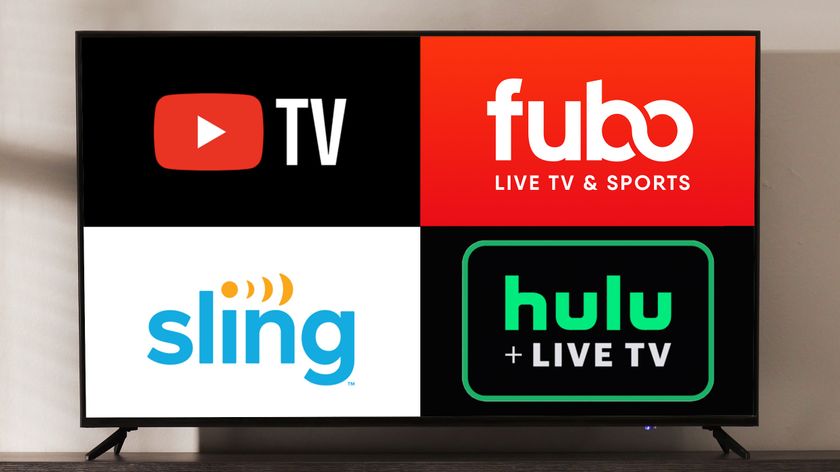 (Clockwise from top left) YouTube TV logo, Fubo logo, Hulu with Live TV logo and Sling logo superimposed on a TV screen.