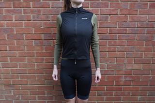 Female cyclist wearing the GripGrab AquaRepel Water-resistant bib shorts