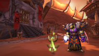 An orc in purple robes stands beside a glowing totem on a street in Orgrimmar