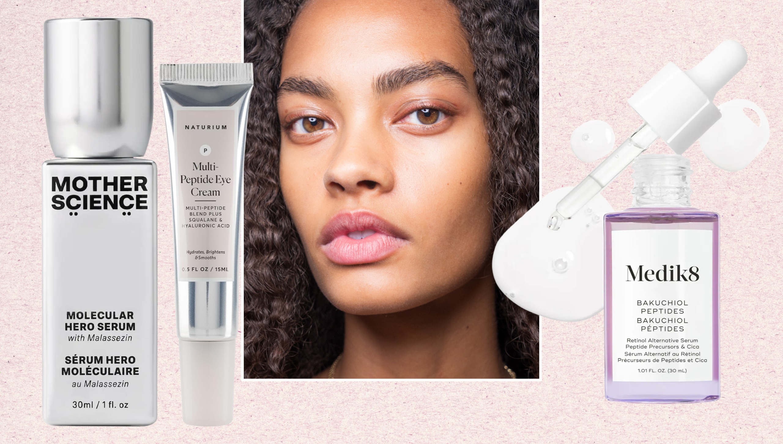 a person with curly hair and perfect skin framed next to three retinol alternative skincare products