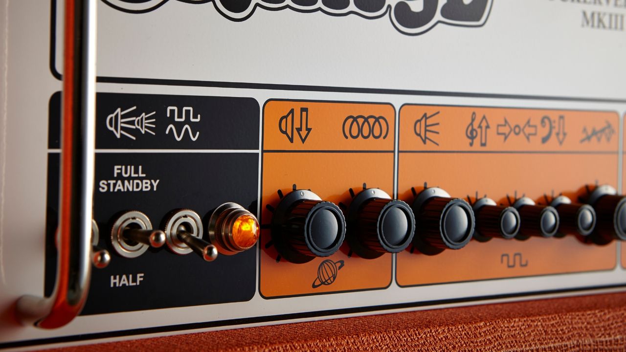 Close-up of the controls on the Orange Rockerverb 100 guitar amp