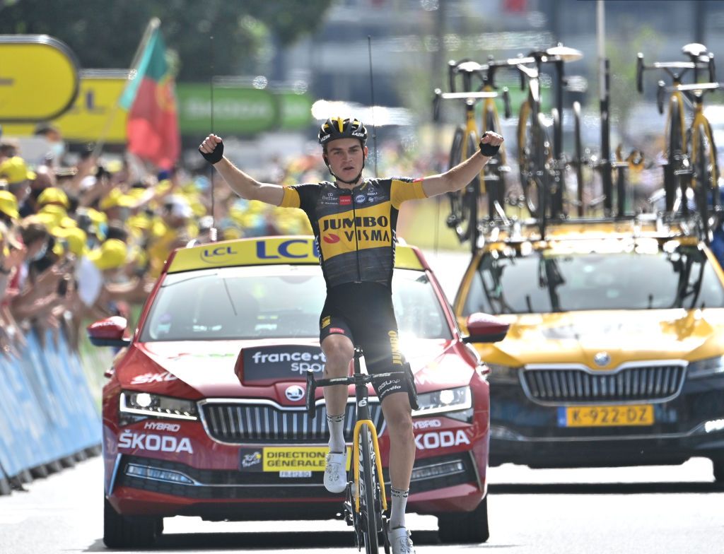 American Sepp Kuss of Team JumboVisma celebrates after winning stage 15 of the 108th edition of the Tour de France cycling race from Ceret to AndorrelaVieille 1913 km in Andorra Sunday 11 July 2021 This years Tour de France takes place from 26 June to 18 July 2021BELGA PHOTO PETE GODING Photo by PETE GODINGBELGA MAGAFP via Getty Images