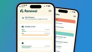 Two phones on a blue and green background showing the Renewal app