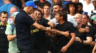 Chelsea's Thomas Tuchel and Tottenham's Antonio Conte square up after the teams' 2-2 draw at Stamford Bridge.