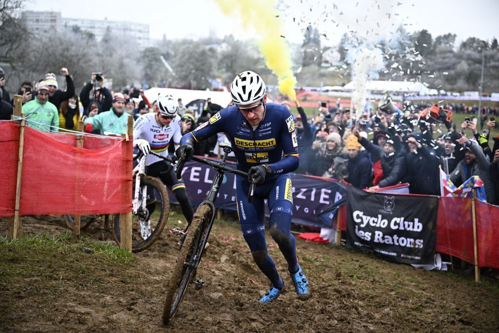 Belgian Toon Aerts pictured in action during the men's elite race at the Cyclocross World Cup cyclocross event in Besancon, France, , the eighth stage (out of 12) in the World Cup of the 2023-2024 season.
BELGA PHOTO JASPER JACOBS (Photo by JASPER JACOBS / BELGA MAG / Belga via AFP)