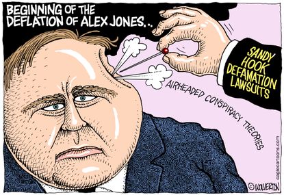 Political cartoon U.S. Alex Jones conspiracy theories defamation Sandy Hook