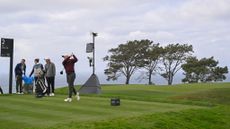 Rory McIlroy of Northern Ireland hits a tee shot on the second hole prior to the The Genesis Invitational at Torrey Pines Golf Course on February 11, 2025 in San Diego, California.