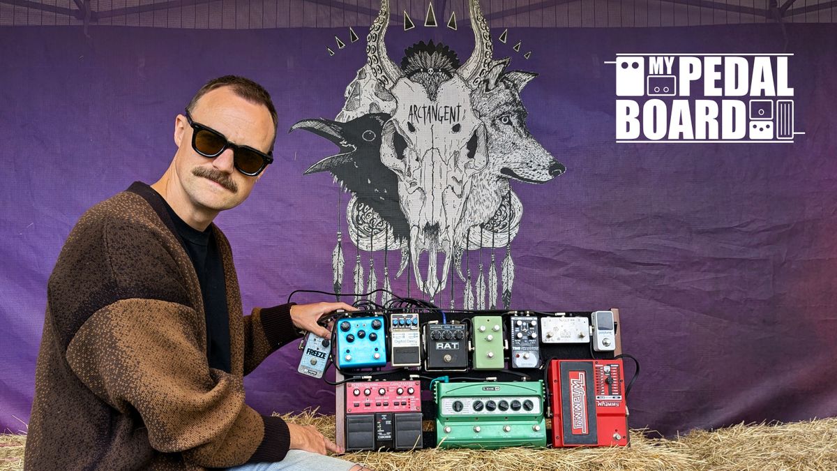 Tim Hancock, Brontide guitarist withis pedalboard at Arctangent Festival, August 2024