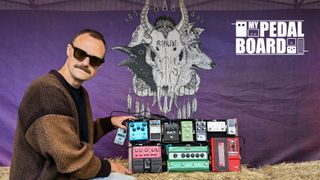 Tim Hancock, Brontide guitarist withis pedalboard at Arctangent Festival, August 2024