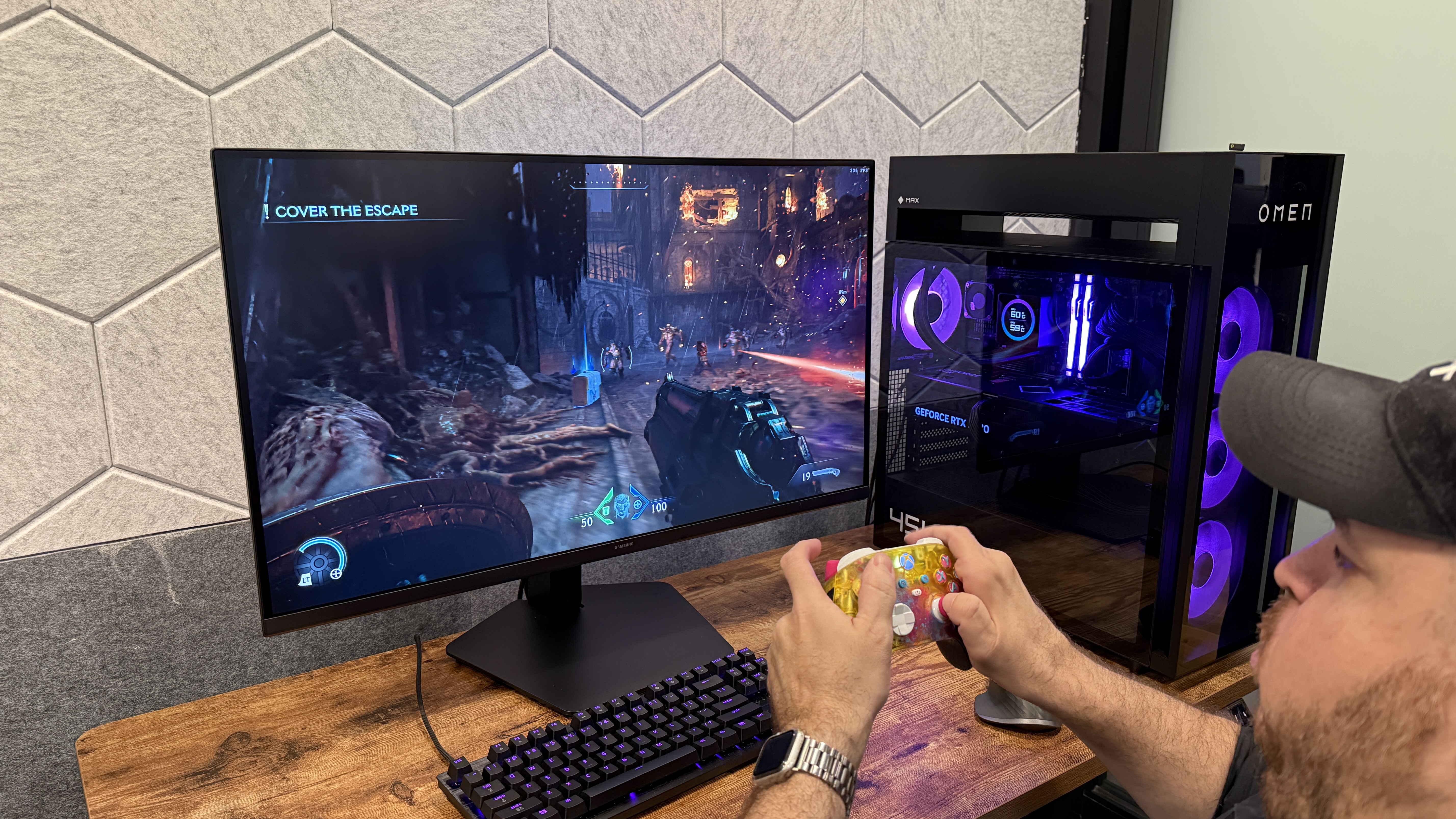 A person playing Doom: The Dark Ages on the Samsung Odyssey G8 (G80HS) gaming monitor
