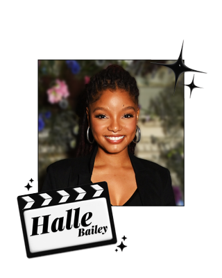 Halle Bailey in front of a gray wall