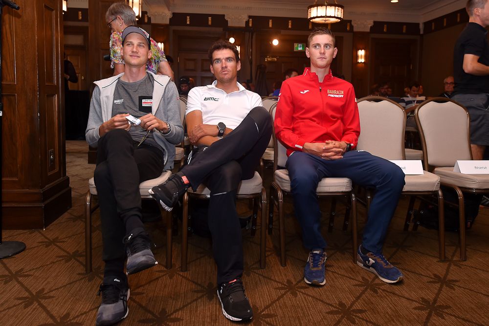 Tim Wellens (Lotto Soudal), Greg Van Avermaet (BMC Racing) and Matej Mohoric (Bahrain-Merida) take part in the pre-race press conference for the Grand Prix Cycliste de Quebec &amp; Montreal