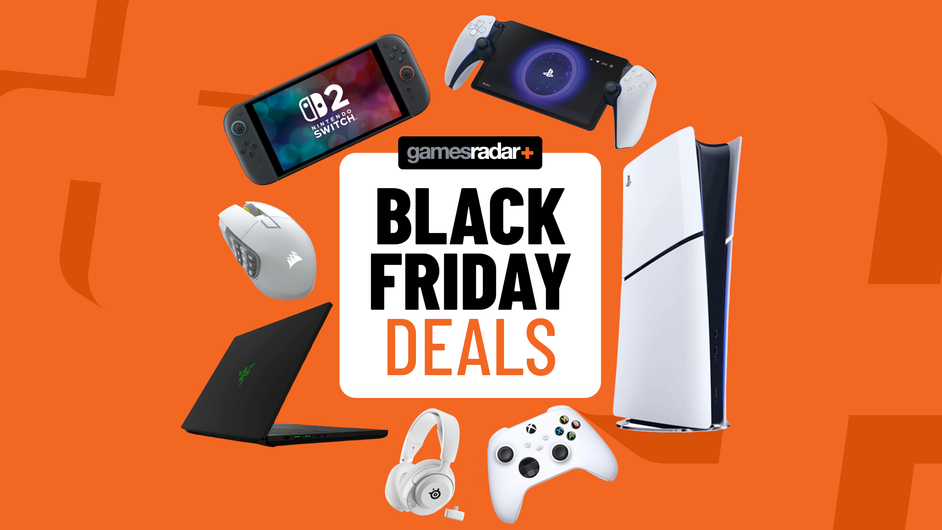 PS5, Nintendo Switch, and Xbox accessories on an orange background with Black Friday deals badge