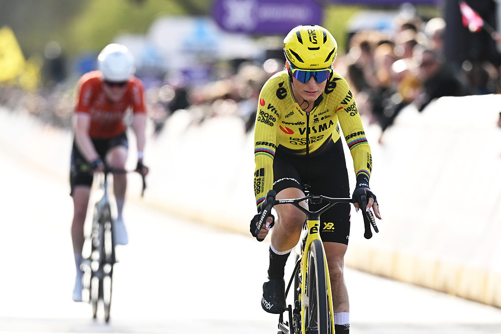OUDENAARDE, BELGIUM - APRIL 05: Pauline Ferrand-Prevot of France and Team Visma | Lease a Bike crosses the finish line during the 23rd Tour of Flanders 2026 - Ronde van Vlaandere - Women's Elite a 164.1km one day race from Oudenaarde to Oudenaarde / #UCIWWT / on April 05, 2026 in Oudenaarde, Belgium. (Photo by Dario Belingheri/Getty Images)