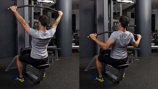 Man demonstrates starting and midway position of the wide-grip lat pull-down exercise