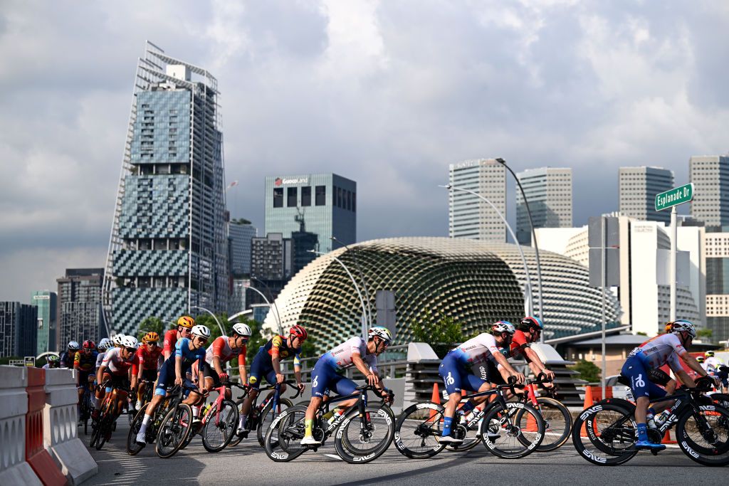 SINGAPORE SINGAPORE NOVEMBER 10 LR Mathias Vacek of Czech Republic and Team Lidl Trek Fabien Grellier of France Anthony Turgis of France and Team TotalEnergies Cedric Beullens of Belgium and Team Lotto Dstny and a general view of the peloton competing during the 3rd Tour de France Prudential Singapore 2024 Criterium a 575km one day race from Singapore to Singapore on November 10 2024 in Singapore Photo by Tim de WaeleGetty Images