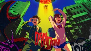 A still from Dan Da Dan, one of the best anime shows, of the two main characters escaping a UFO