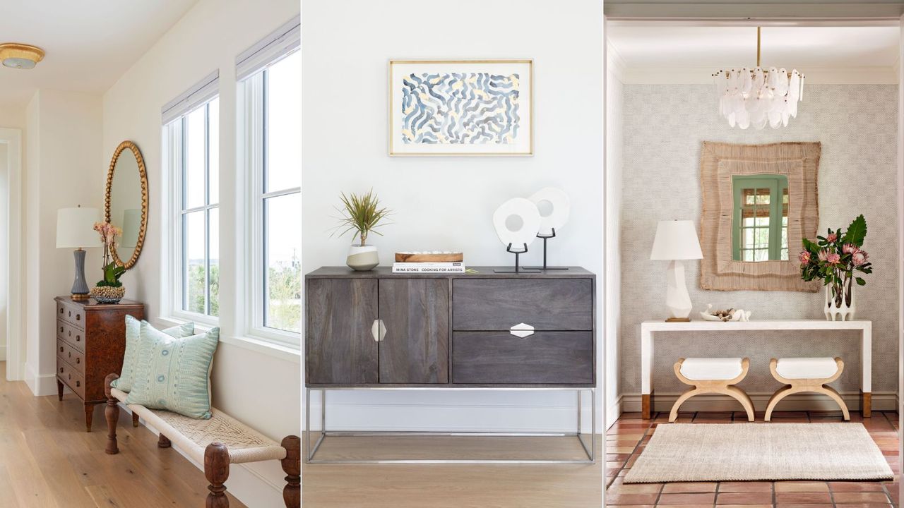 Three images of coastal-style entryways