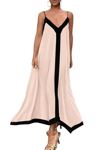 Prettygarden Women's Summer Spaghetti Strap Long Dress V Neck Flowy Maxi Cocktail Party Dresses (beige,small)