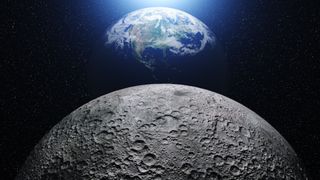 How far is the moon from Earth? This graphic illustration showing the view from close to the surface of the moon looking back at Earth in the background.