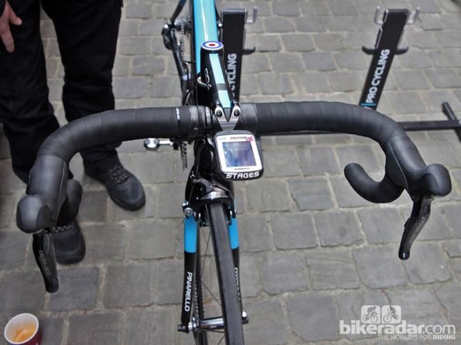 Bradley Wiggins (Sky) has his bars wrapped all the way up to the stem clamp. Team mechanics say it's something he's carried over from his days on the track