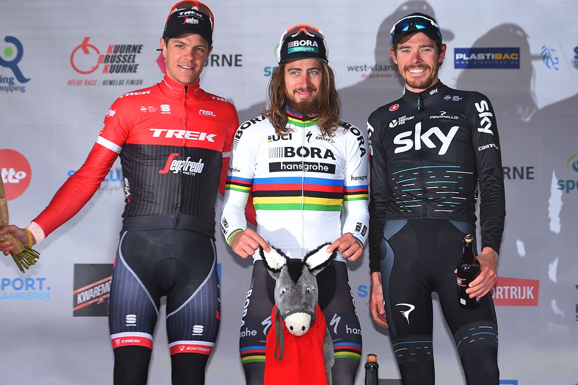 Kuurne-Brussel-Kuurne victor Peter Sagan with the event's traditional donkey prize