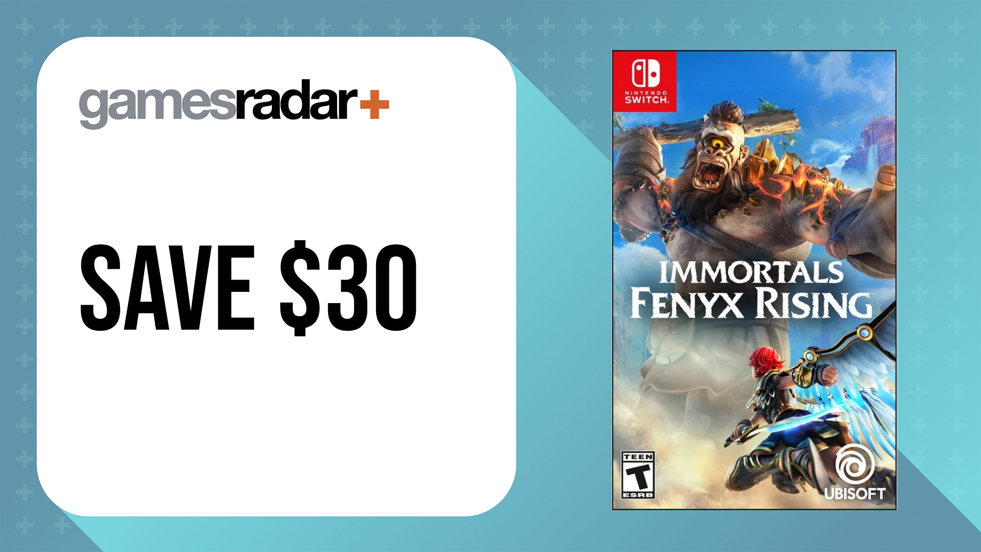 Immortals Fenyx Rising Nintendo Switch box art on a light blue background with sale details