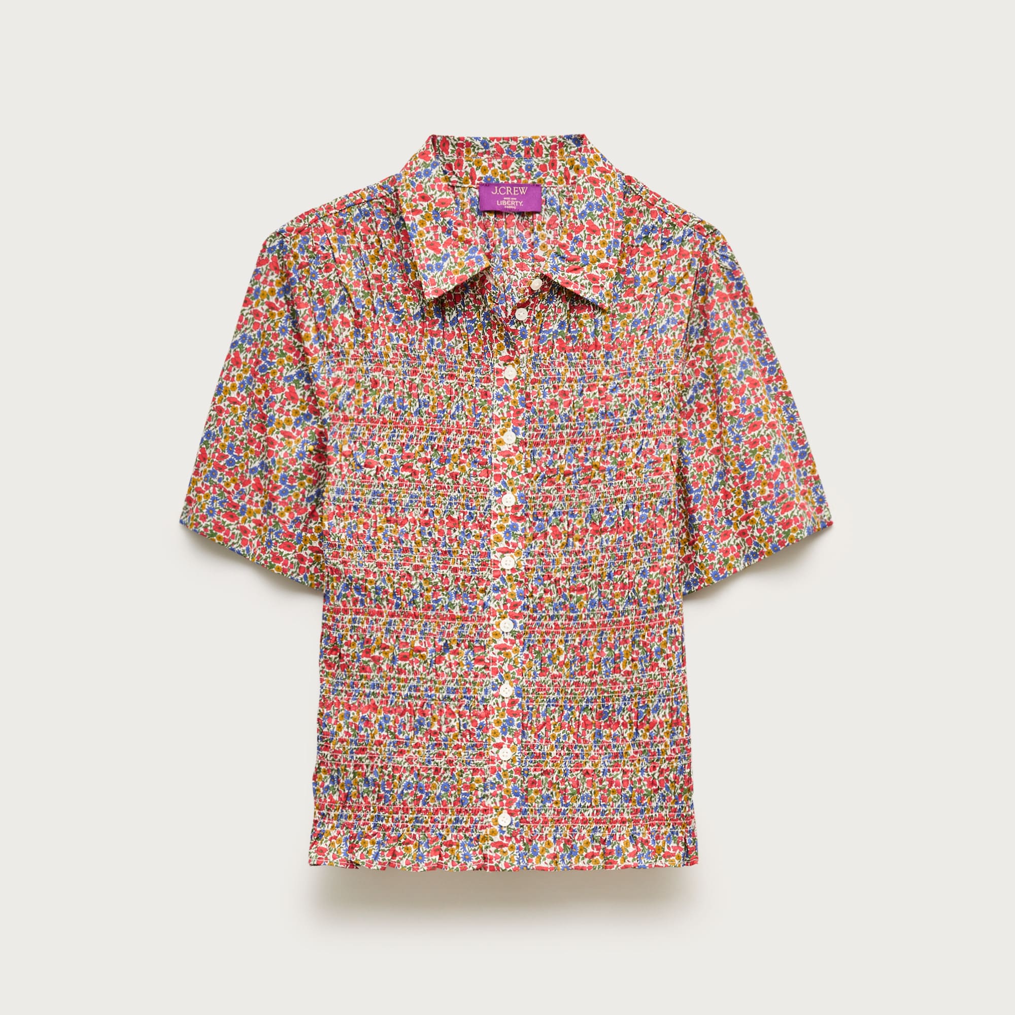 Smocked Short-Sleeve Button-Down Shirt in Liberty&amp;reg; Floral Fabric